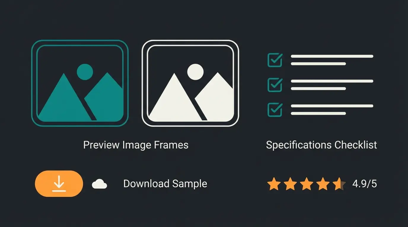 Digital product presentation optimization showing preview images, sample downloads, and specifications