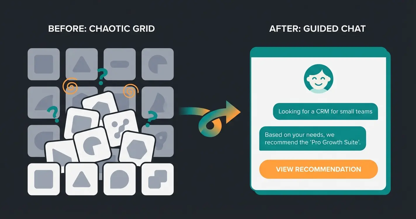 Before and after comparison showing standard product slider versus AI consultation chat interface