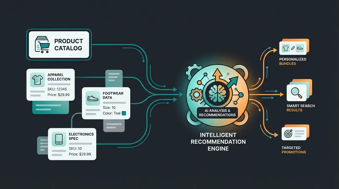 Product catalog structure for AI-powered WhatsApp Business consultation showing data flow