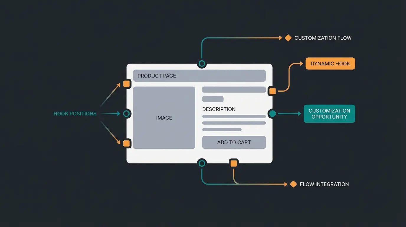 WooCommerce hook positions visualization showing key action points on product page