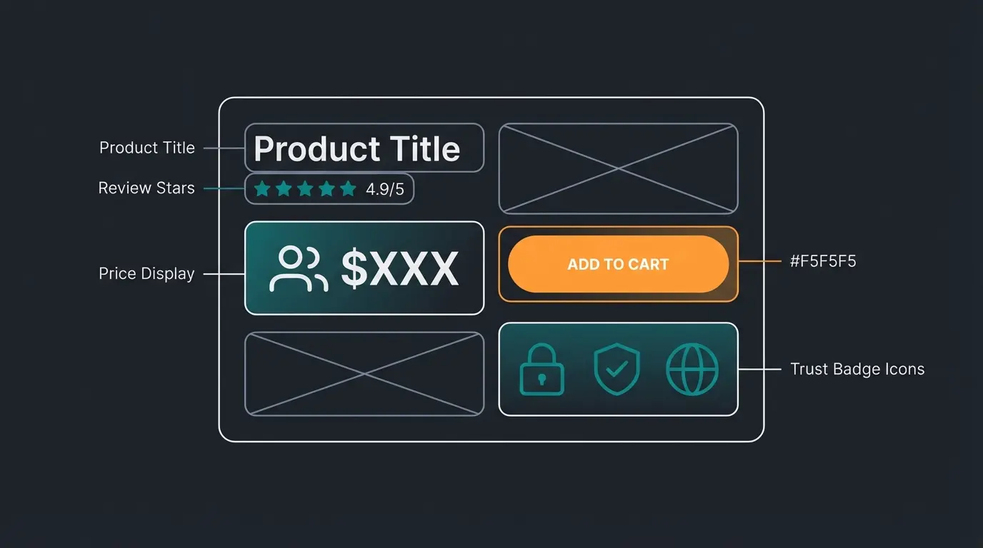 Product page above the fold layout showing optimal placement of price, CTA, and trust elements