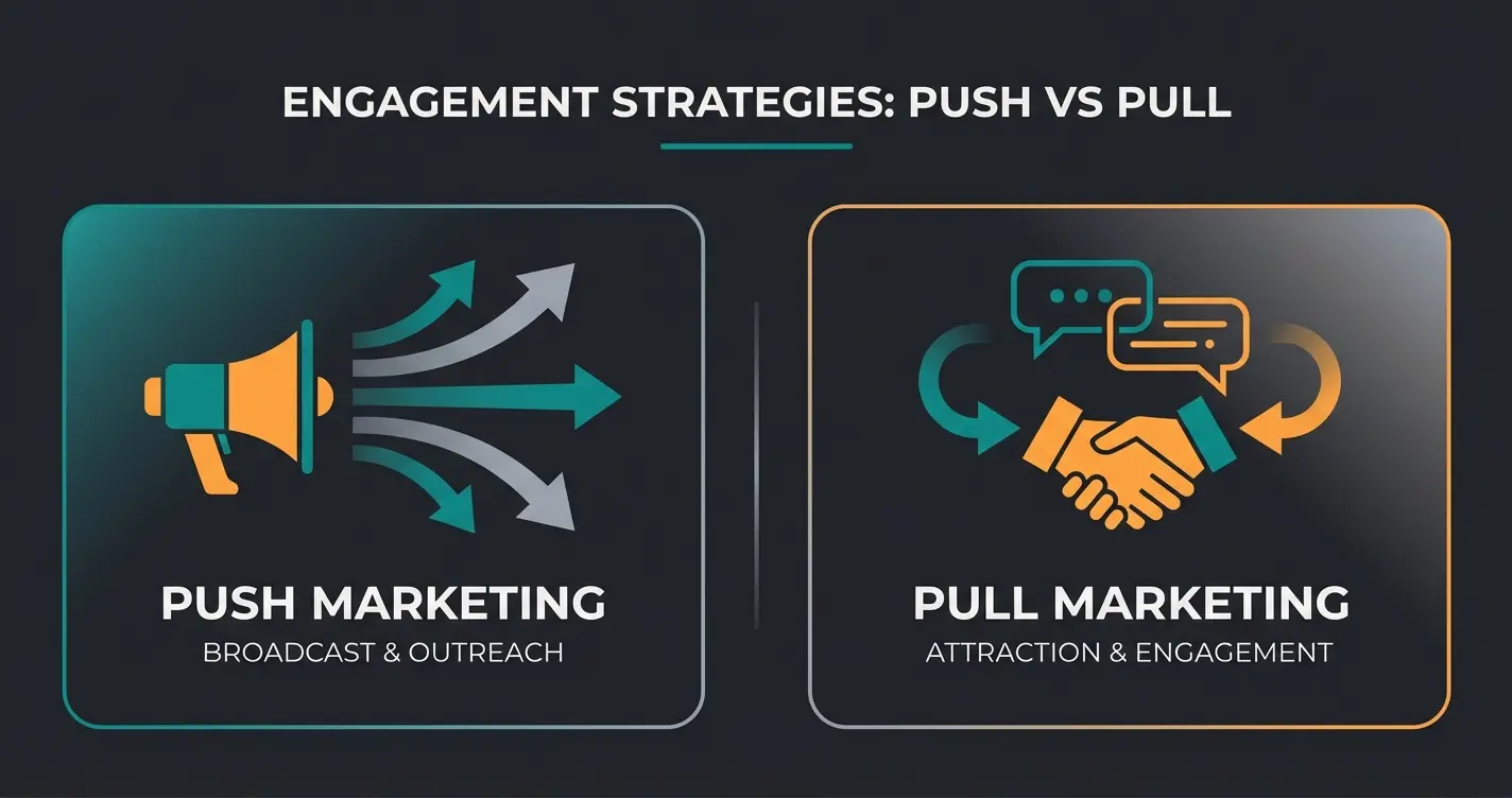 WhatsApp marketing push vs pull strategy comparison diagram