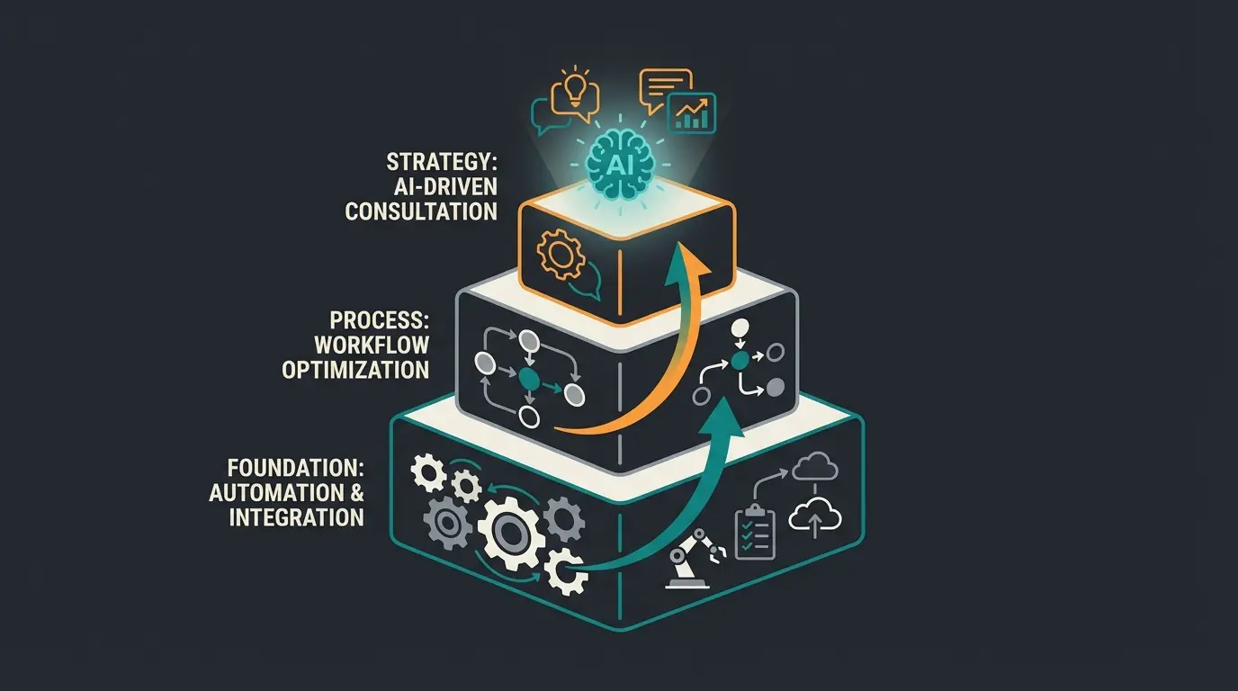 Automation maturity pyramid showing three levels from task automation to AI consultation