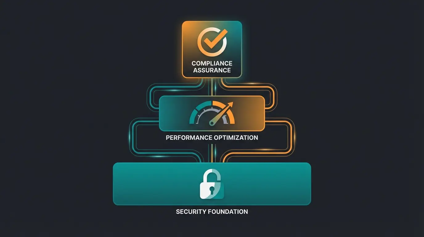 Technical infrastructure diagram showing Magento security, performance, and compliance layers