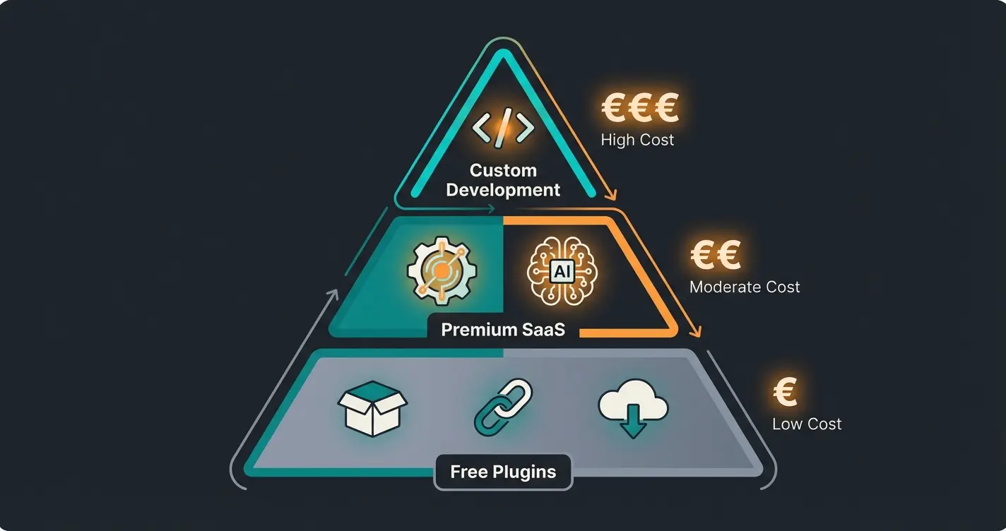 Plugin Kosten Pyramide zeigt die drei Kostenkategorien von Standard bis Custom Development