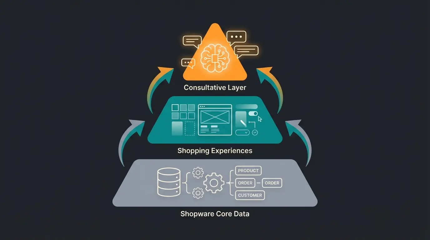 Shopware Content Ökosystem Pyramide mit Core Daten, Erlebniswelten und Consultative AI Layer