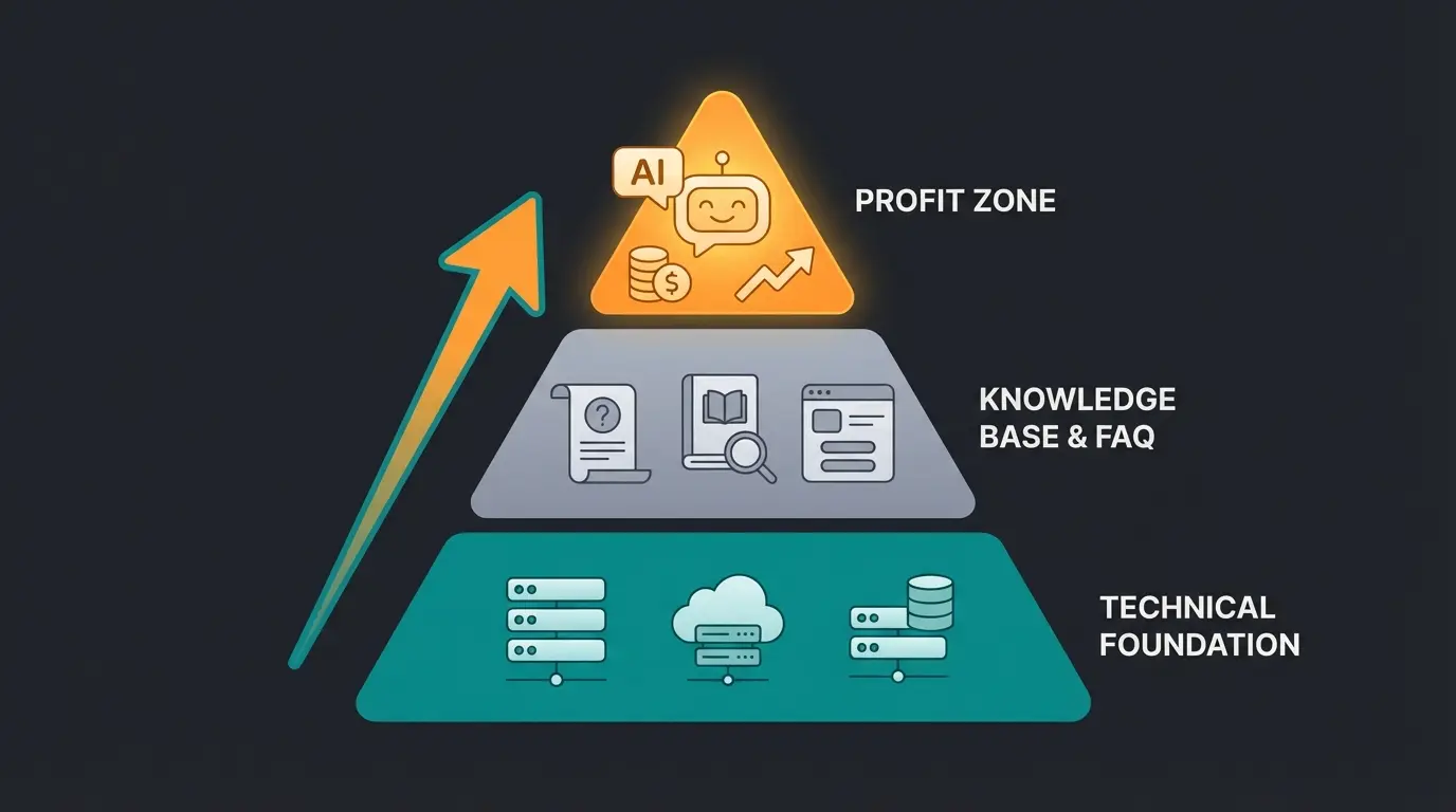 Support-Hierarchie Pyramide mit technischer Basis, statischen Infos und aktiver KI-Beratung
