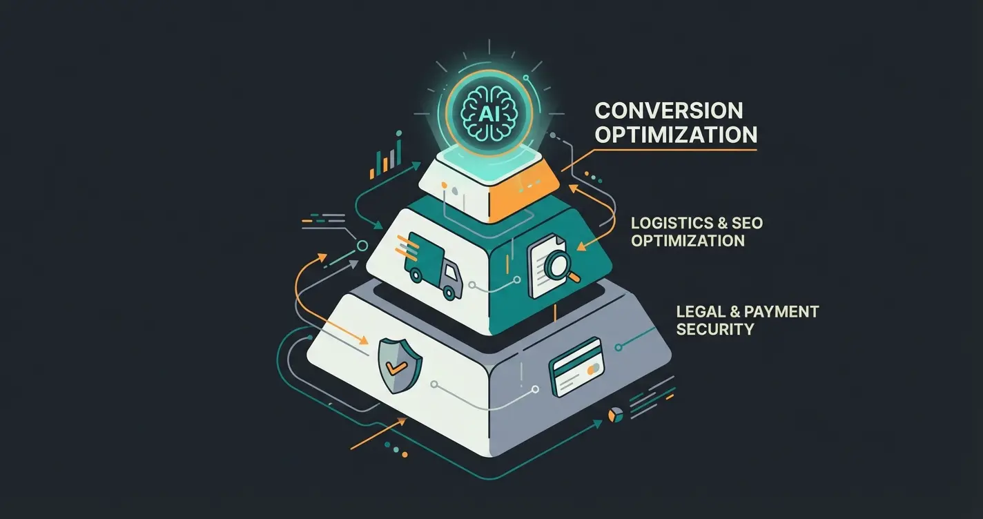 Shopware Plugin Pyramide: Basis mit Legal und Payment, Mitte mit Logistik und SEO, Spitze mit AI-Beratung