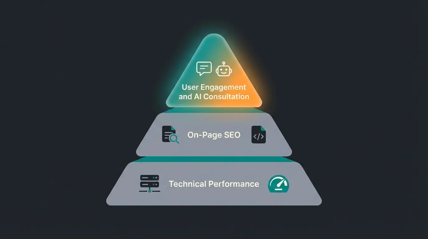 Magento SEO ecosystem pyramid with three tiers showing technical foundation to AI consultation