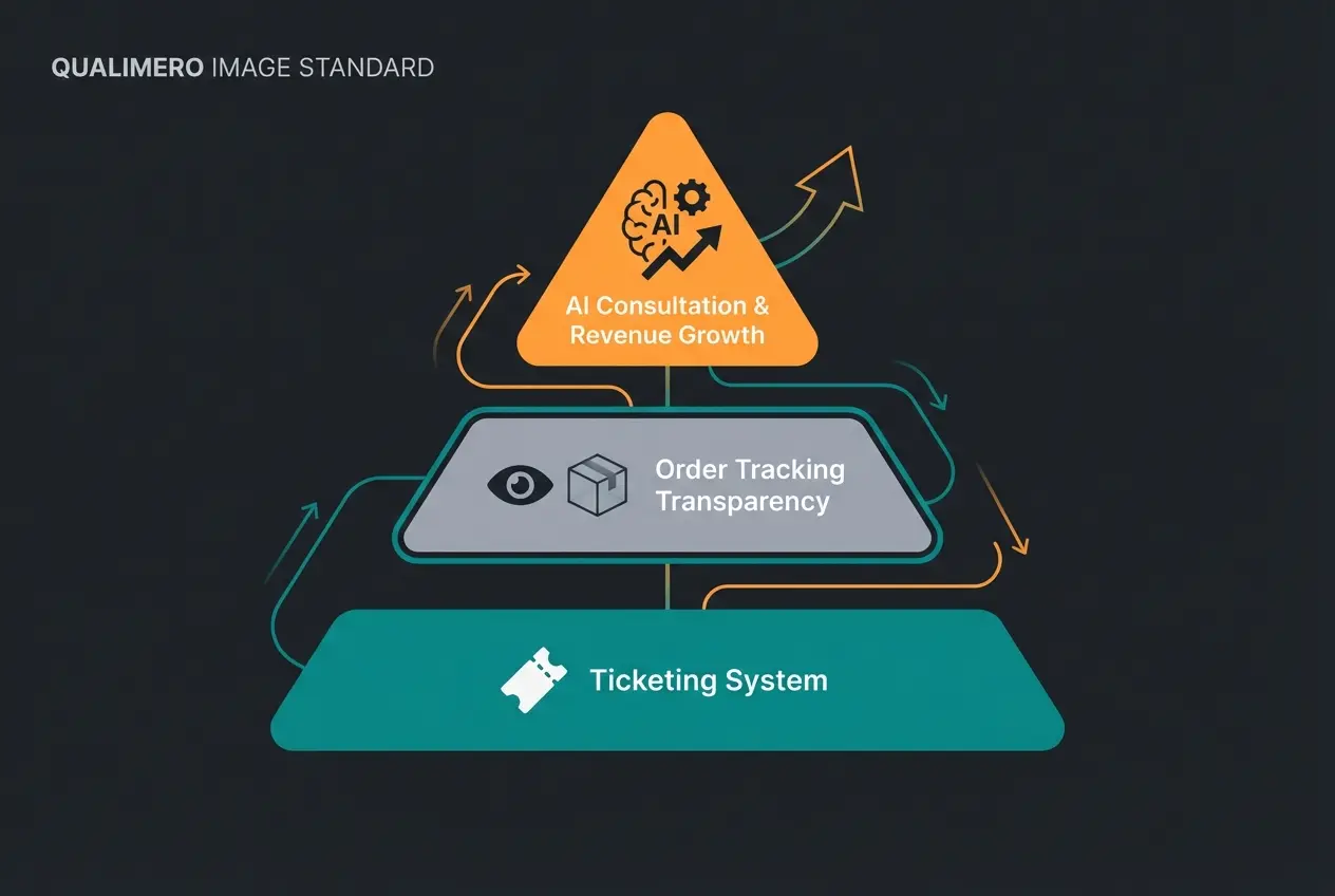 Three-layer customer service stack showing ticketing, tracking, and AI consultation working together