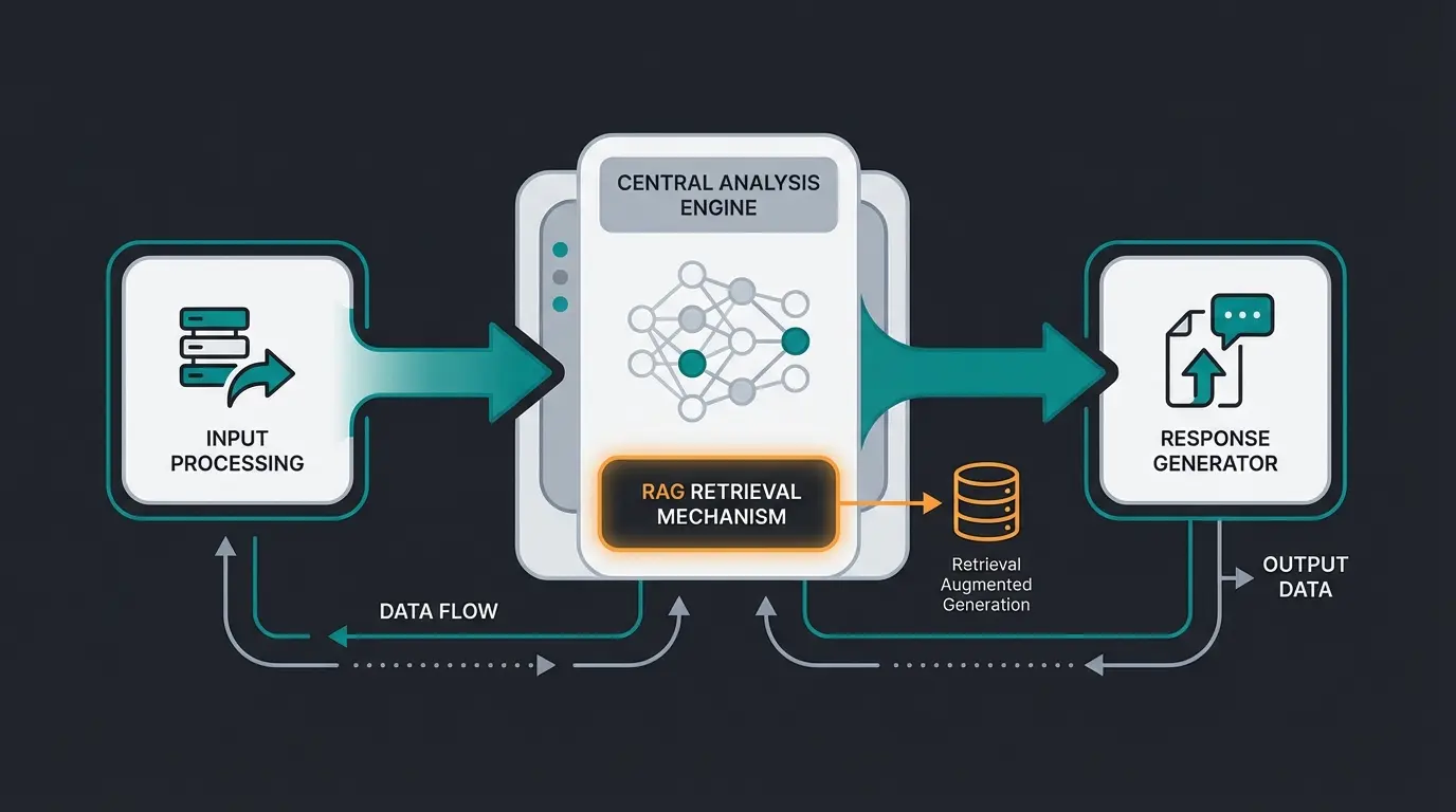 AI system architecture showing input processing, analysis engine, and response generation