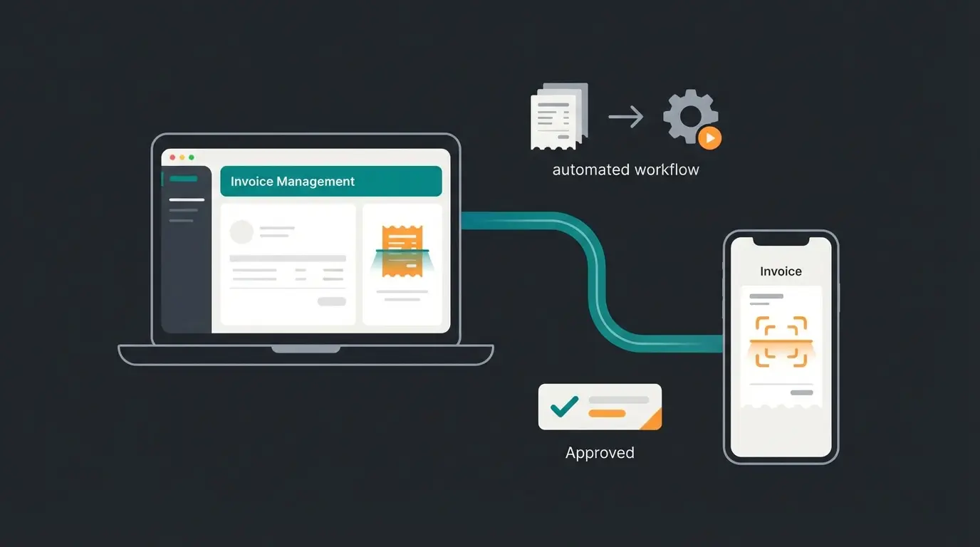 Small business owner using invoice software on laptop and mobile device