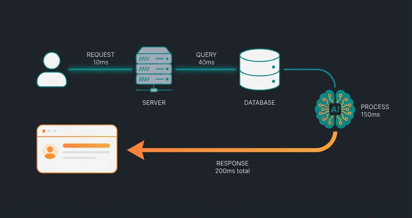 Infographic showing AI latency waterfall from user request through server processing to response