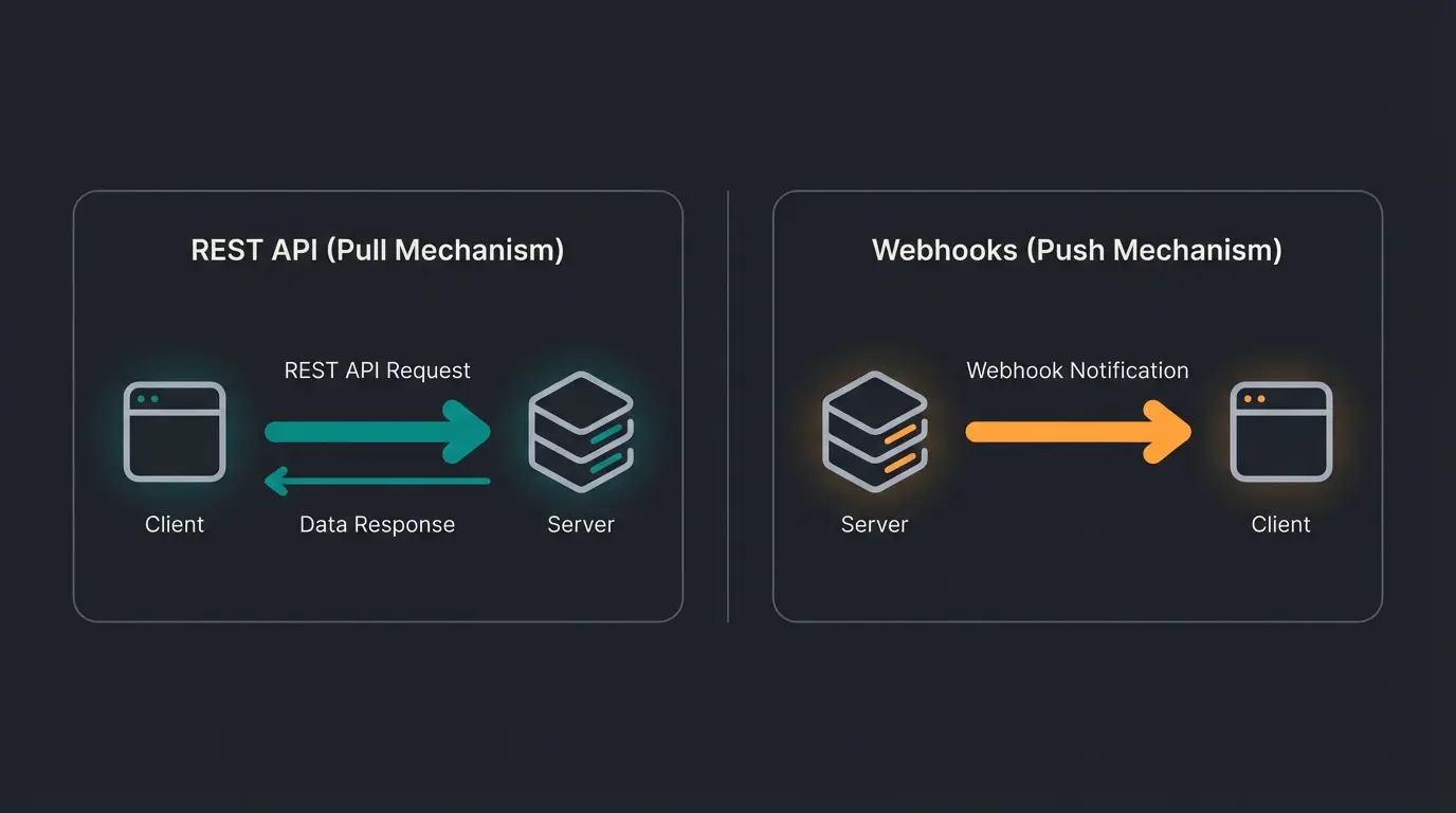 Vergleich REST API Pull-Prinzip versus Webhooks Push-Prinzip