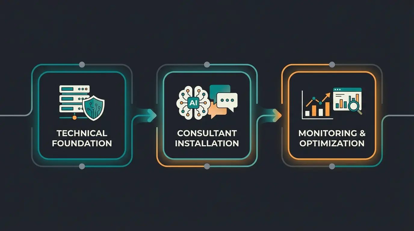 Implementation roadmap showing three steps from technical foundation to AI consultant to monitoring