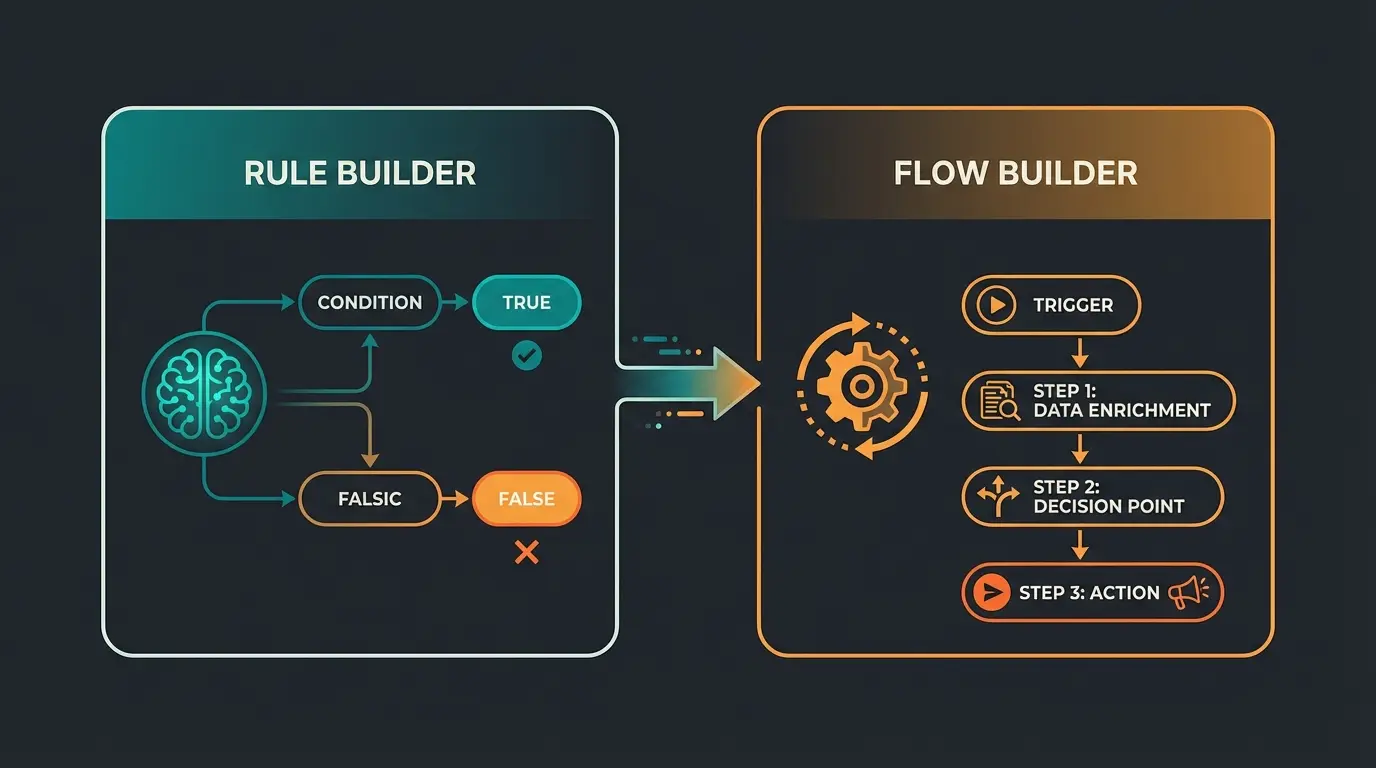 Visual comparison of Shopware Rule Builder and Flow Builder showing their different roles in automation