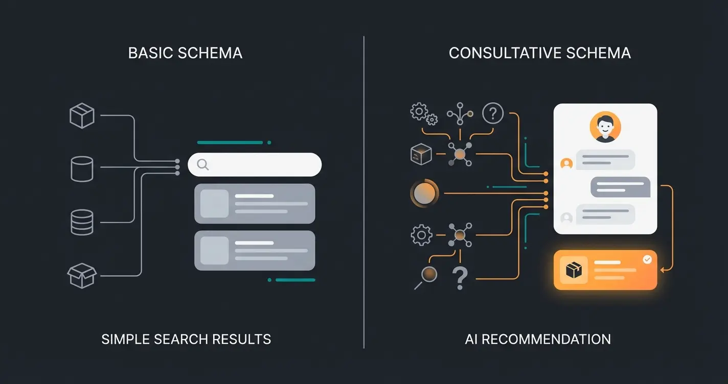 Comparison diagram showing standard schema implementation versus AI-ready consultative schema approach
