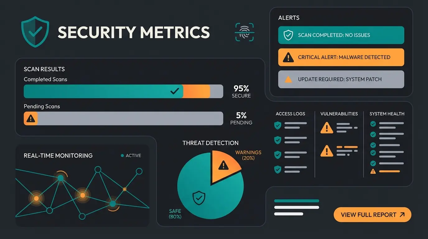 Security scan dashboard showing vulnerability detection and monitoring metrics