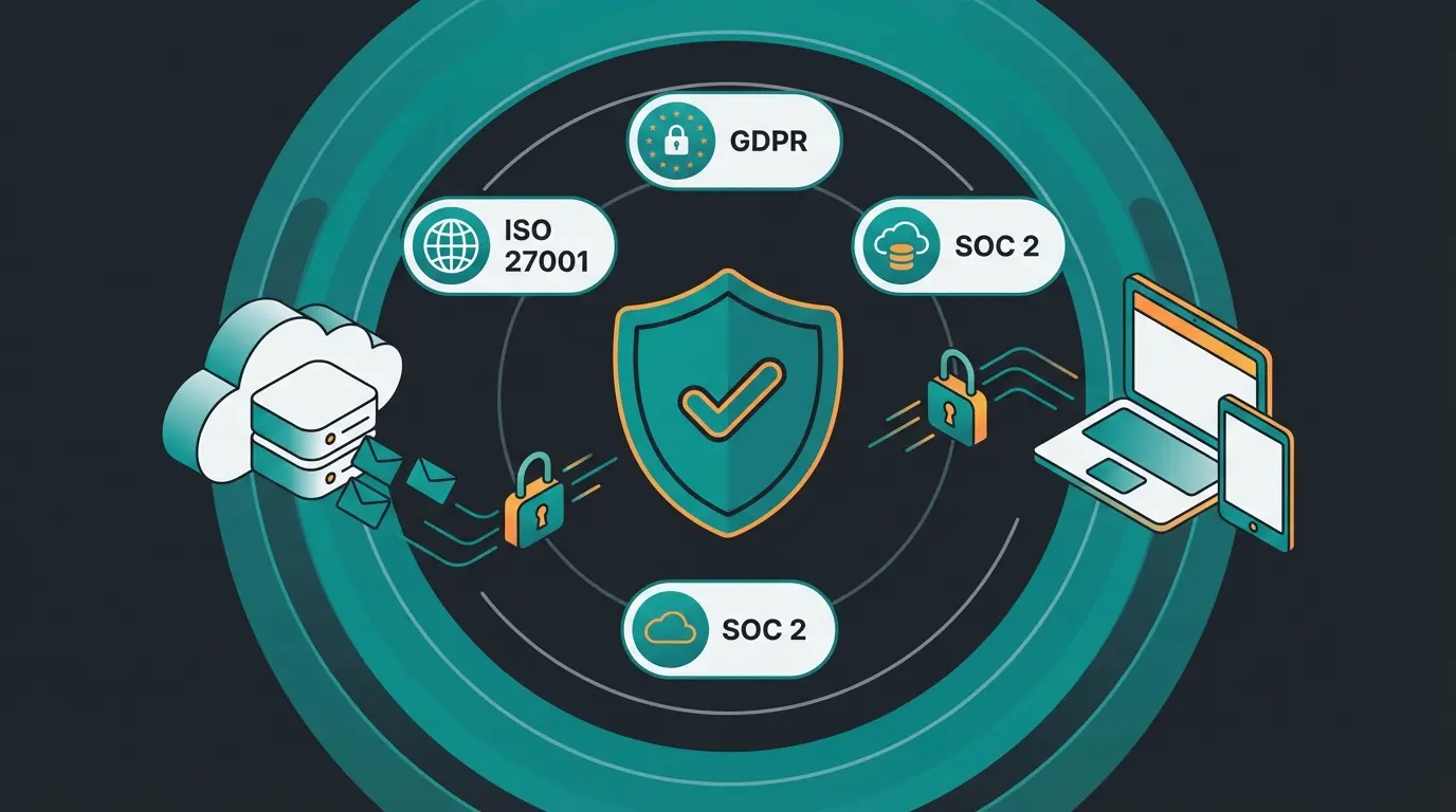 Cloud ERP security architecture with compliance certifications and data protection layers