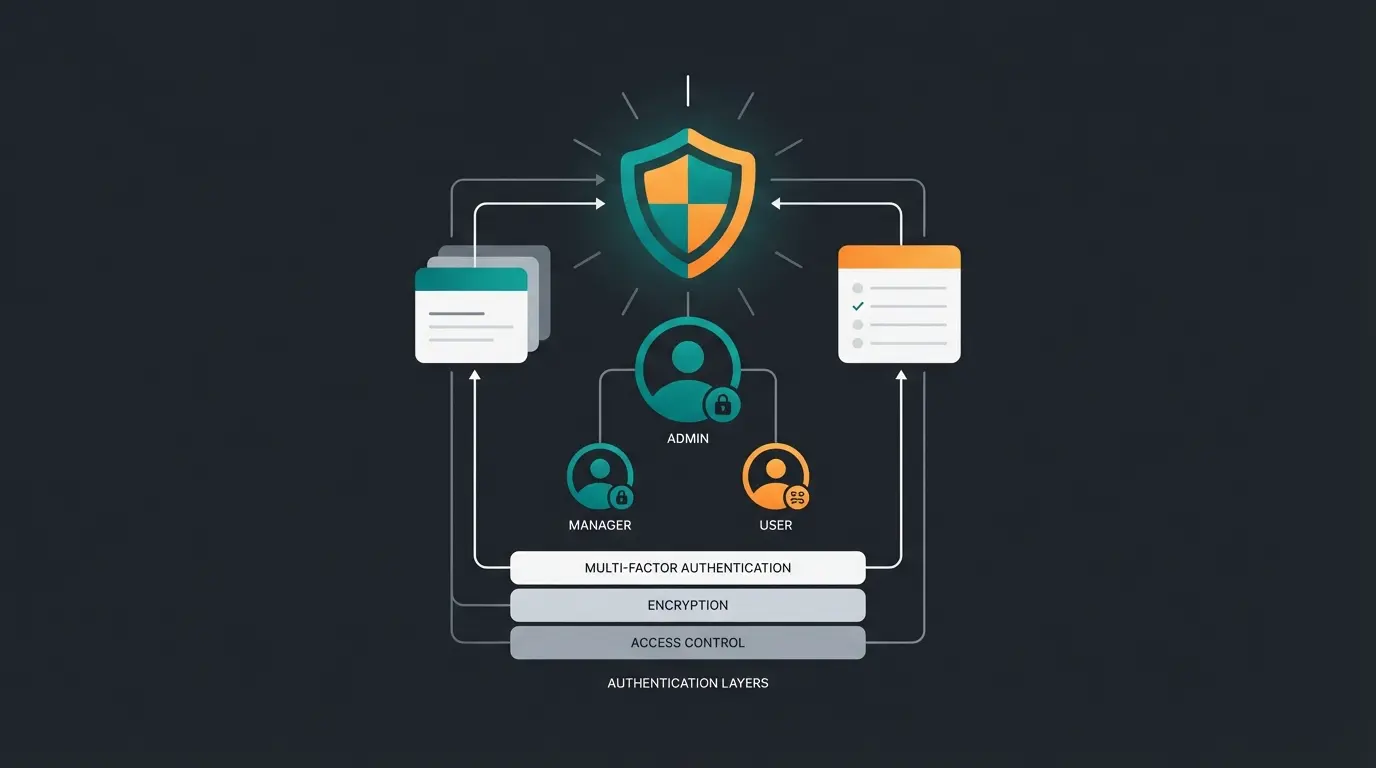 Security dashboard showing two-factor authentication and role-based access controls