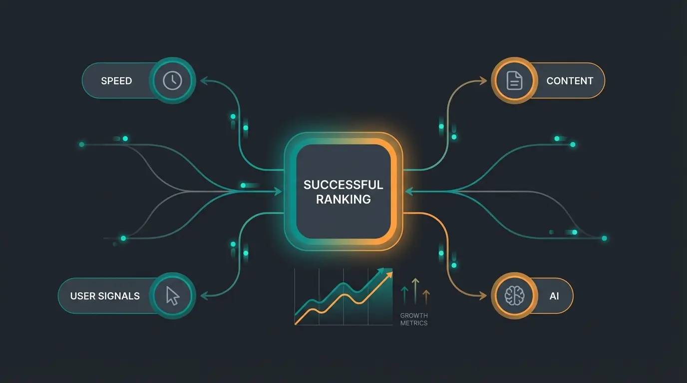 Modern e-commerce success visualization showing integration of technical SEO, content, and AI interaction