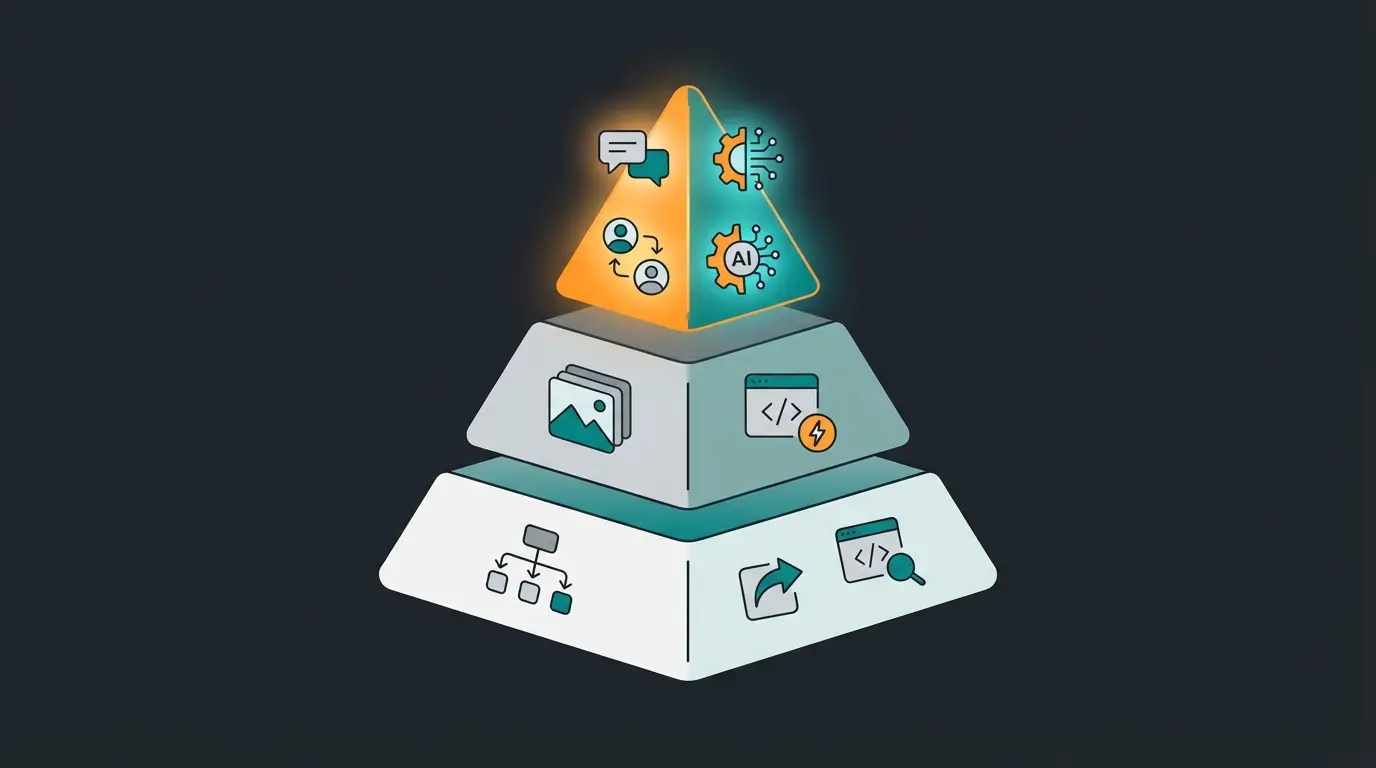 Holistic SEO pyramid showing technical foundation, content structure, and engagement peak