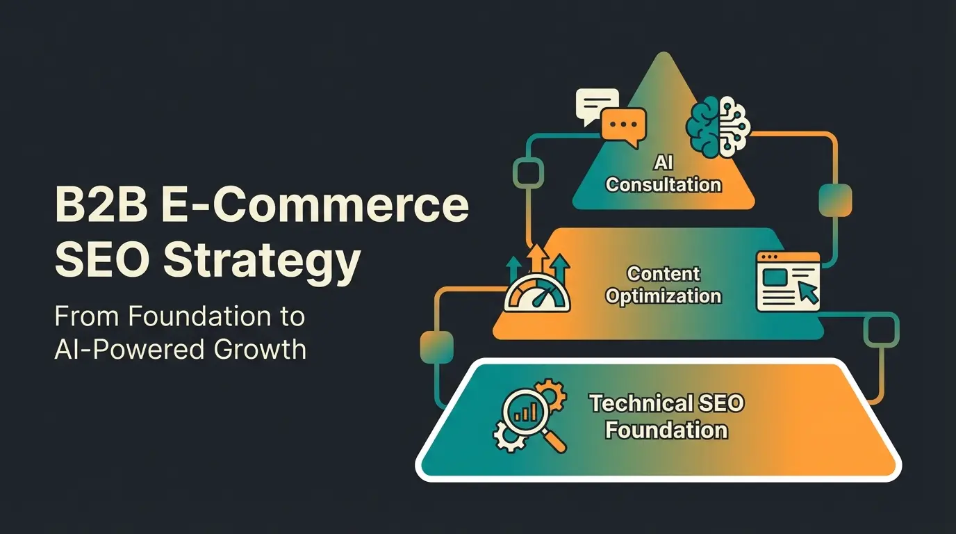 Magento SEO optimization pyramid showing technical foundation, content strategy, and AI consultation layers