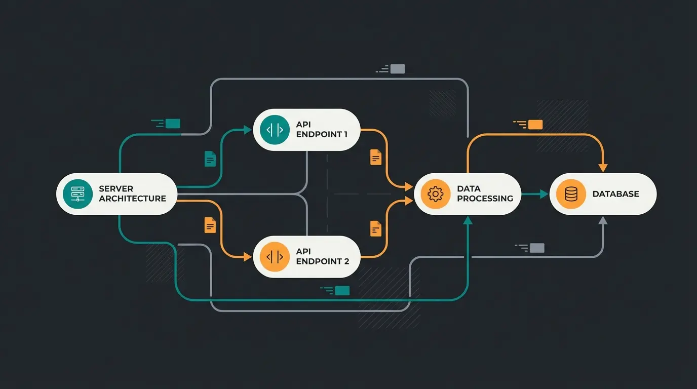 Modern e-commerce server architecture diagram showing API connections and AI integration points