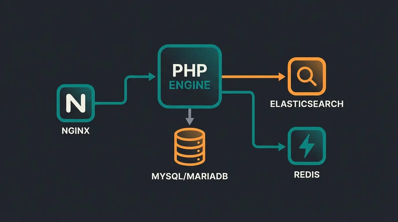 Server architecture diagram showing Shopware 6 requirements including PHP, database, and caching layers