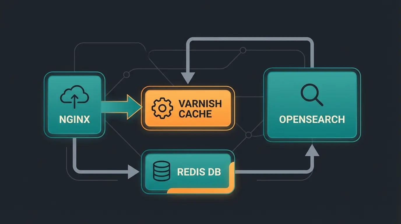 Magento server stack architecture showing Nginx, Varnish, Redis, and OpenSearch integration