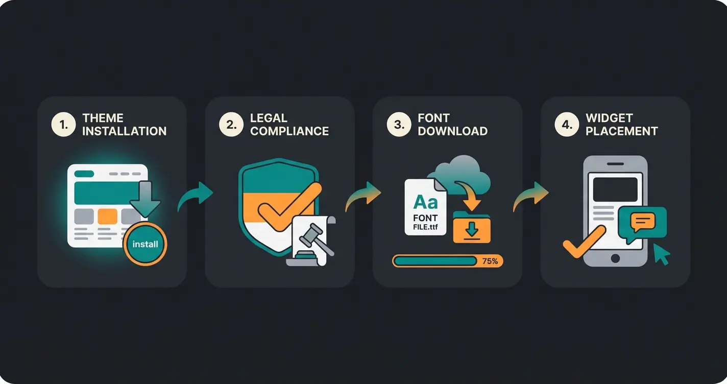 Step-by-step visual guide showing theme installation, Germanized setup, GDPR font configuration, and AI overlay testing process