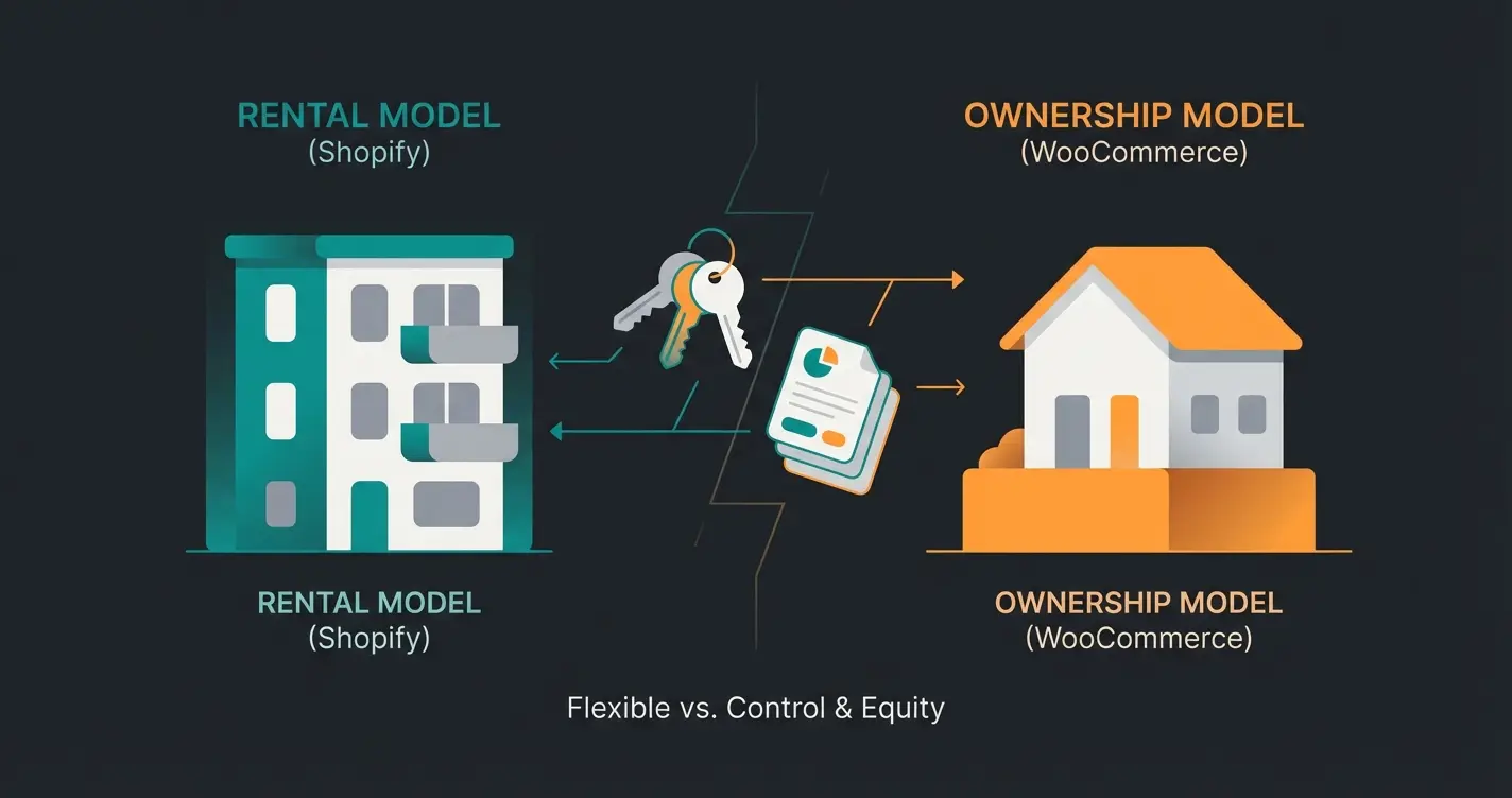 Illustration comparing renting versus owning in e-commerce platform choice