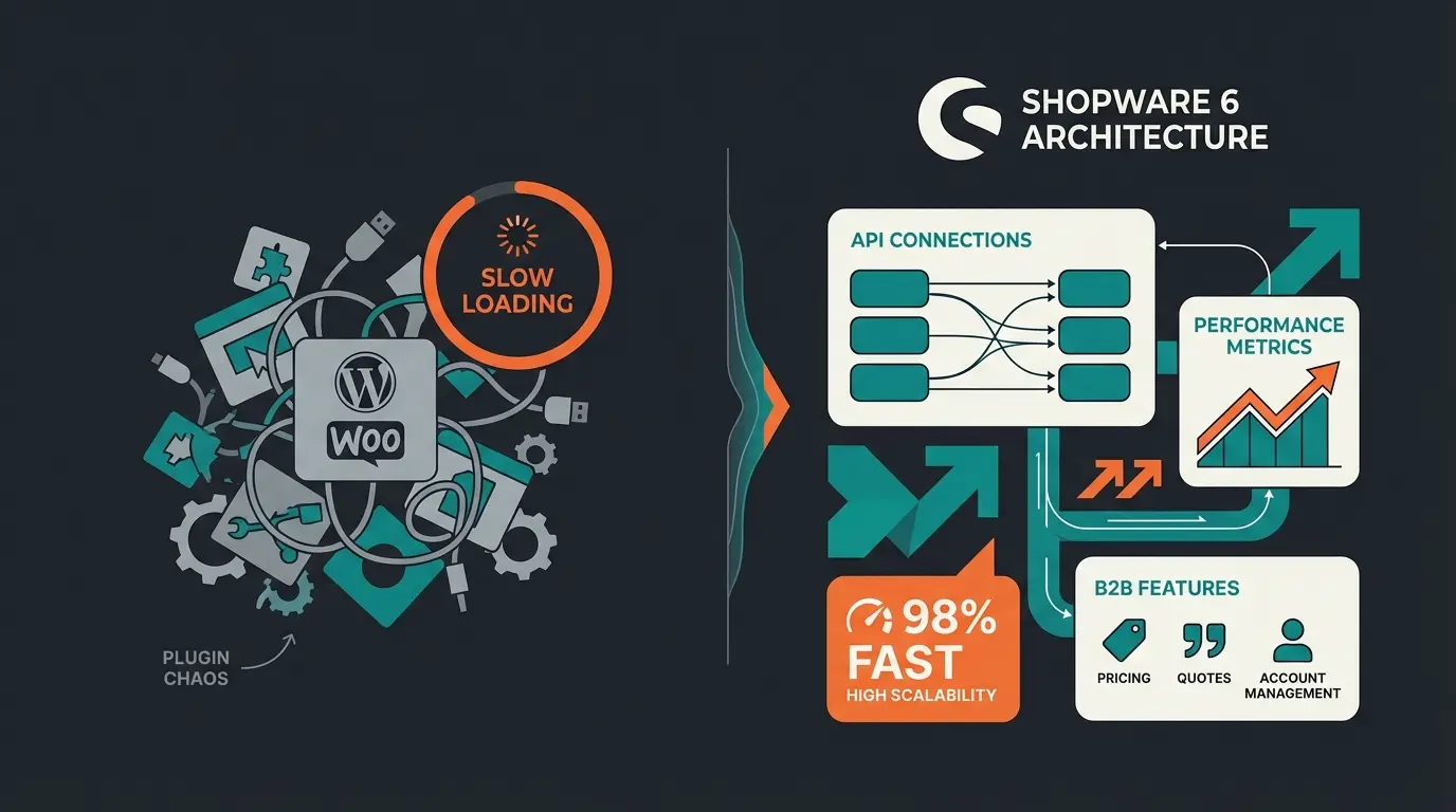 Infografik zum Vergleich WooCommerce vs Shopware 6 mit Fokus auf Skalierbarkeit und B2B-Features
