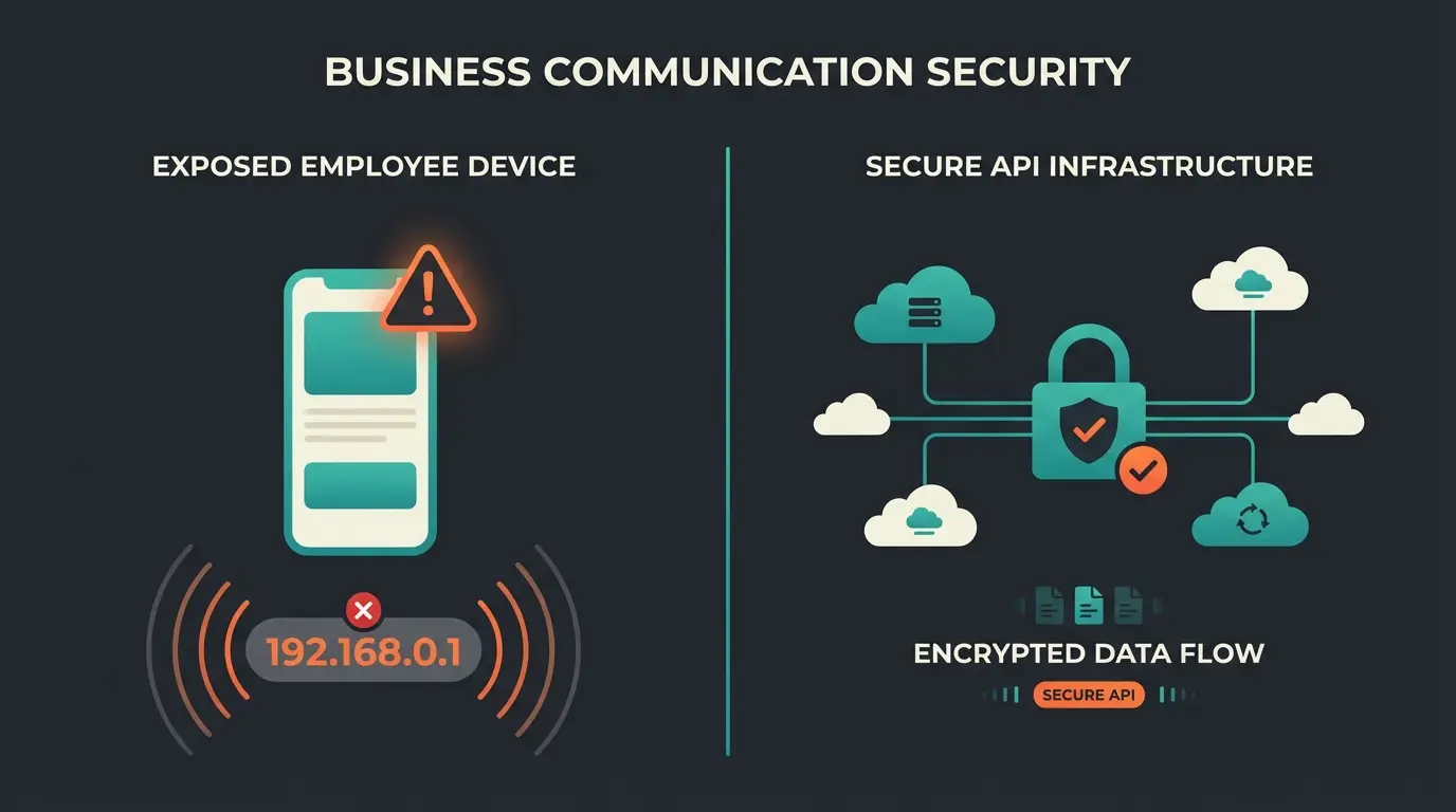 Business WhatsApp privacy comparison showing Shadow IT risks vs API-based solutions