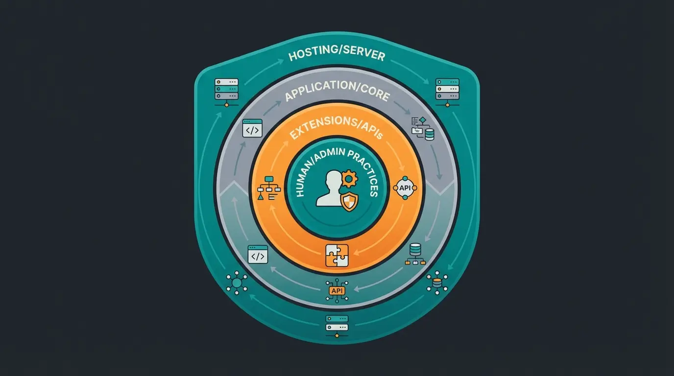 Multi-layered security shield showing server, application, extension, and human security layers