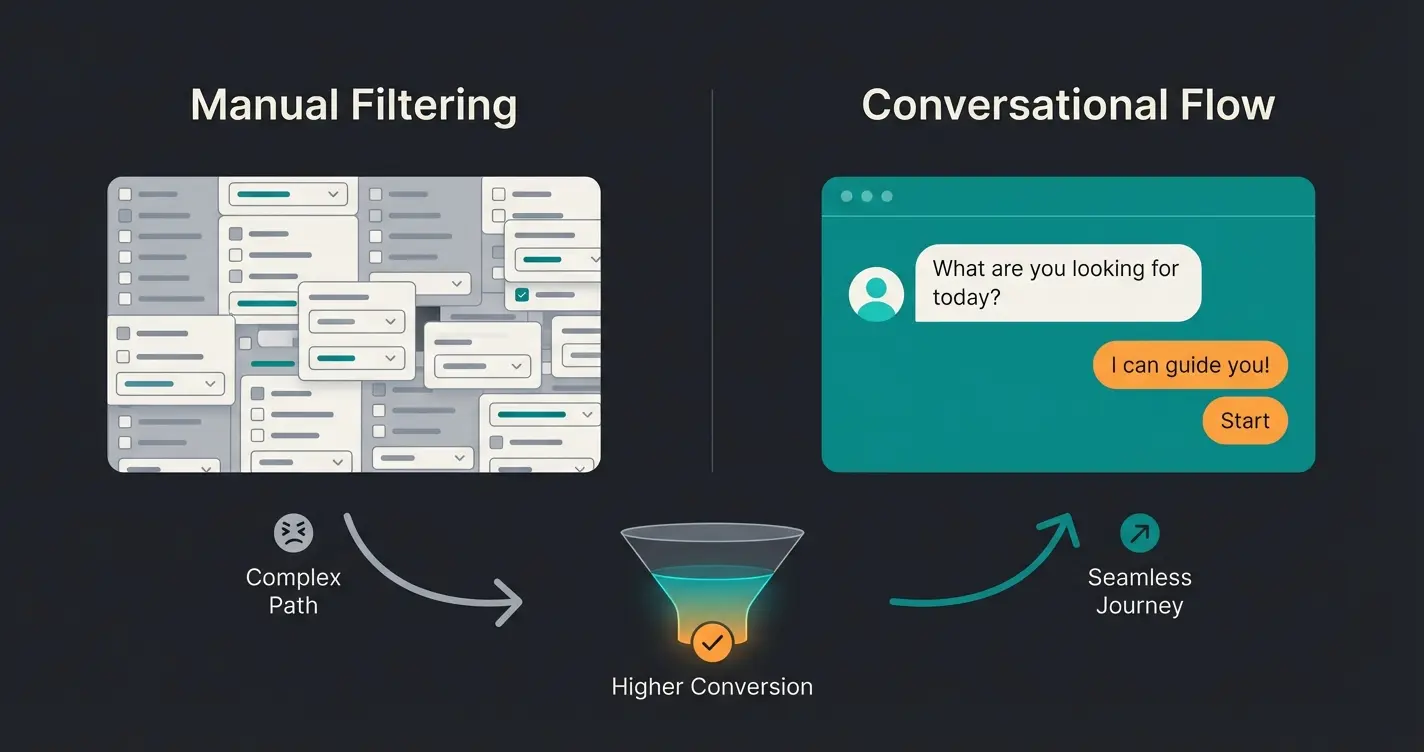 Side-by-side comparison of traditional product filters versus AI-guided product consultation