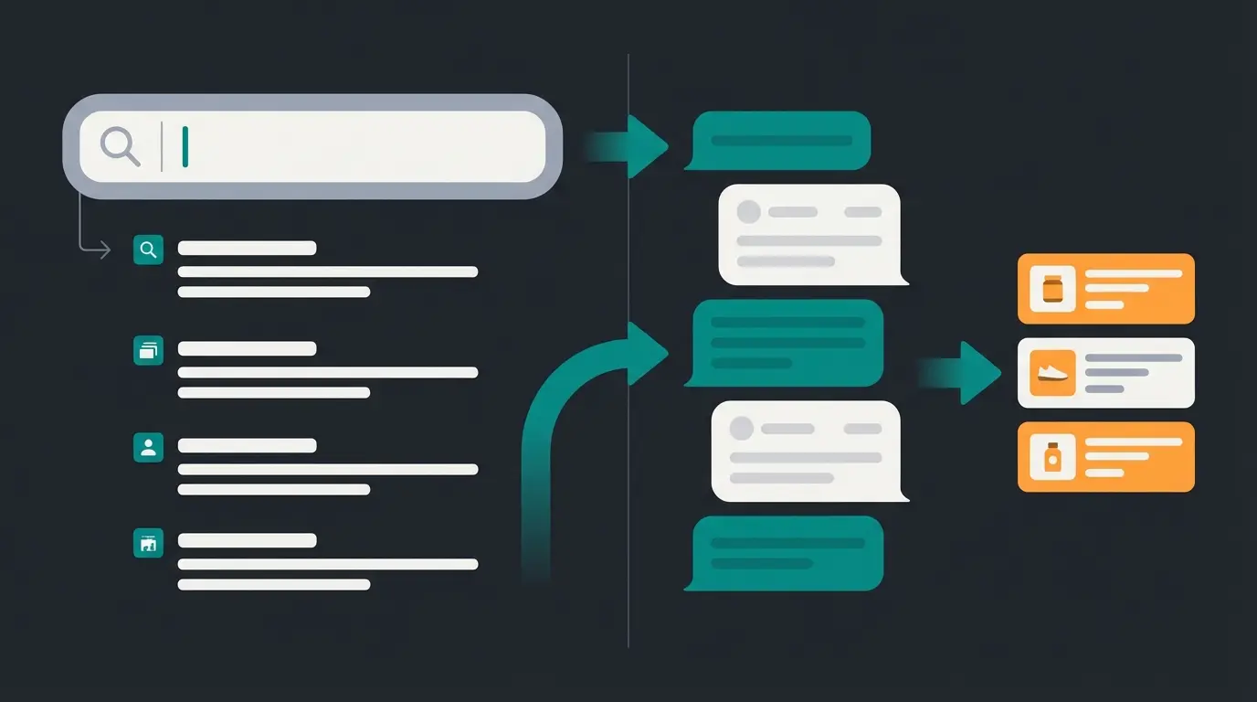 Comparison diagram showing traditional keyword search versus AI-powered semantic product consultation