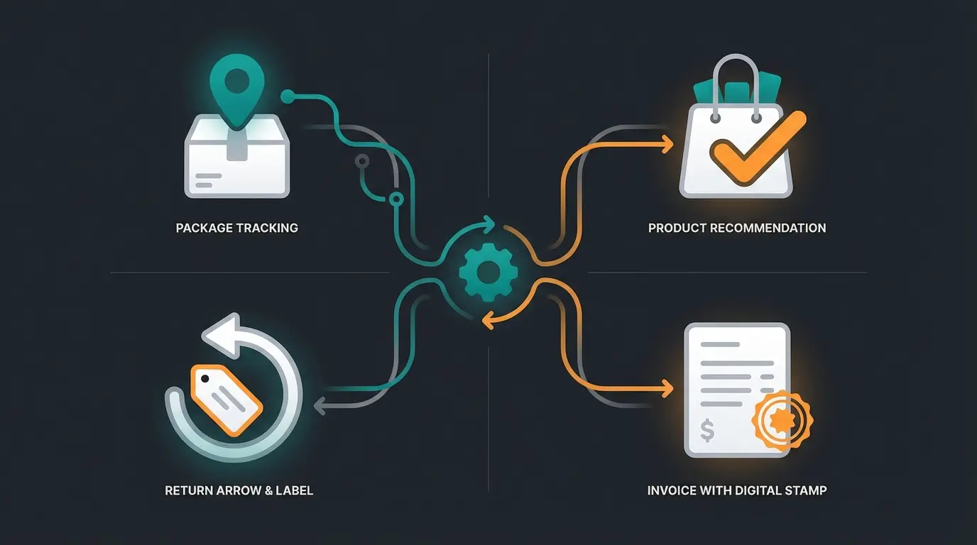 Visual representation of automated support tasks including order tracking, product consultation, returns, and invoicing