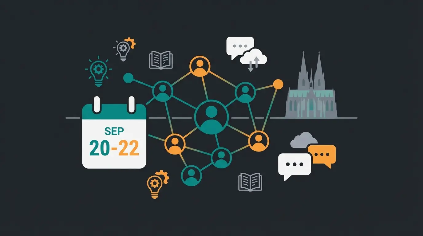 Shopware Community Day 2025 event visualization with networking and knowledge sharing concepts