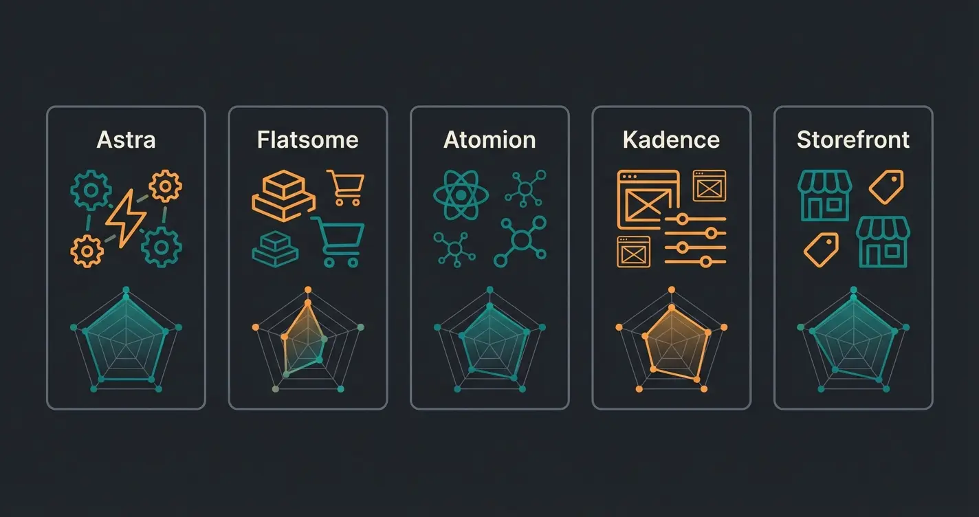 Visual comparison of five WooCommerce themes showing their relative strengths in performance, compliance, and AI-readiness