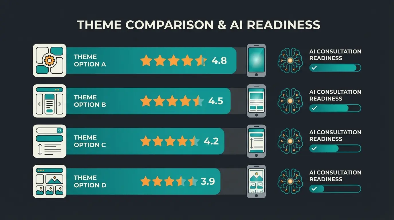 Shopware theme comparison chart showing AI consultation scores and key features for ThemeWare, Stratus, Horizon, and Caprice