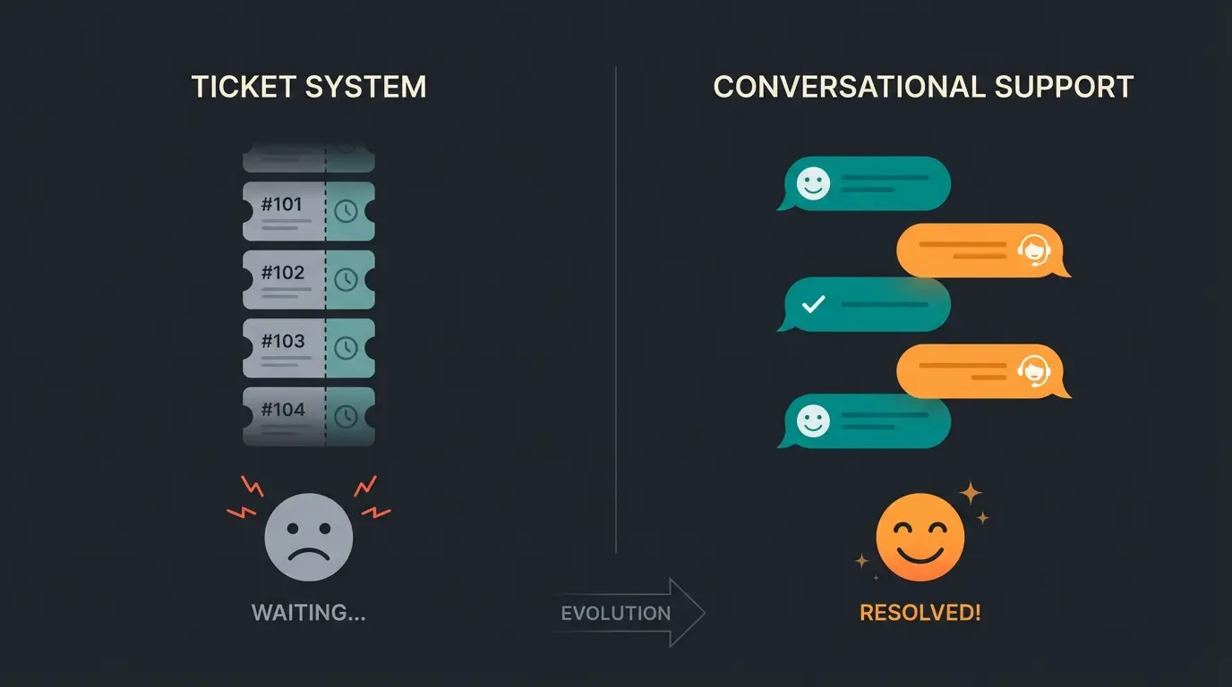 Comparison diagram showing traditional ticket-based support systems versus modern conversational AI messaging platforms