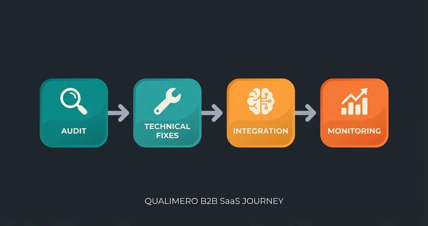 Prozess-Visualisierung: Von der SEO-Analyse über technische Optimierung zur KI-Integration und laufendem Monitoring