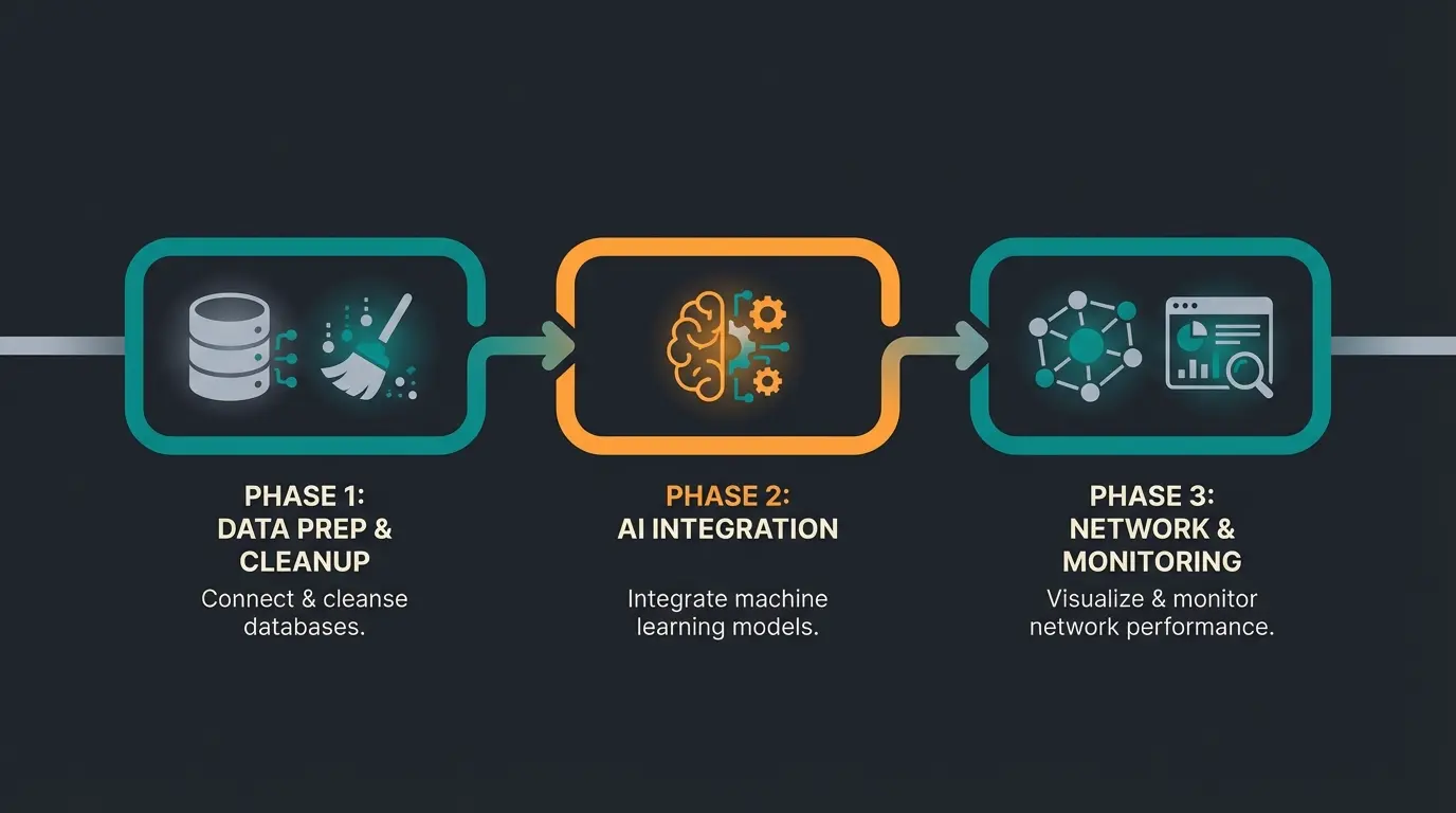 Implementation roadmap showing three phases of Shopware AI automation setup