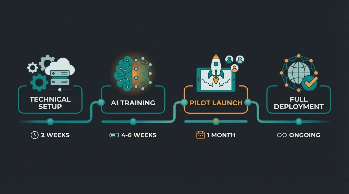 Implementation timeline showing AI product finder integration phases from setup to optimization