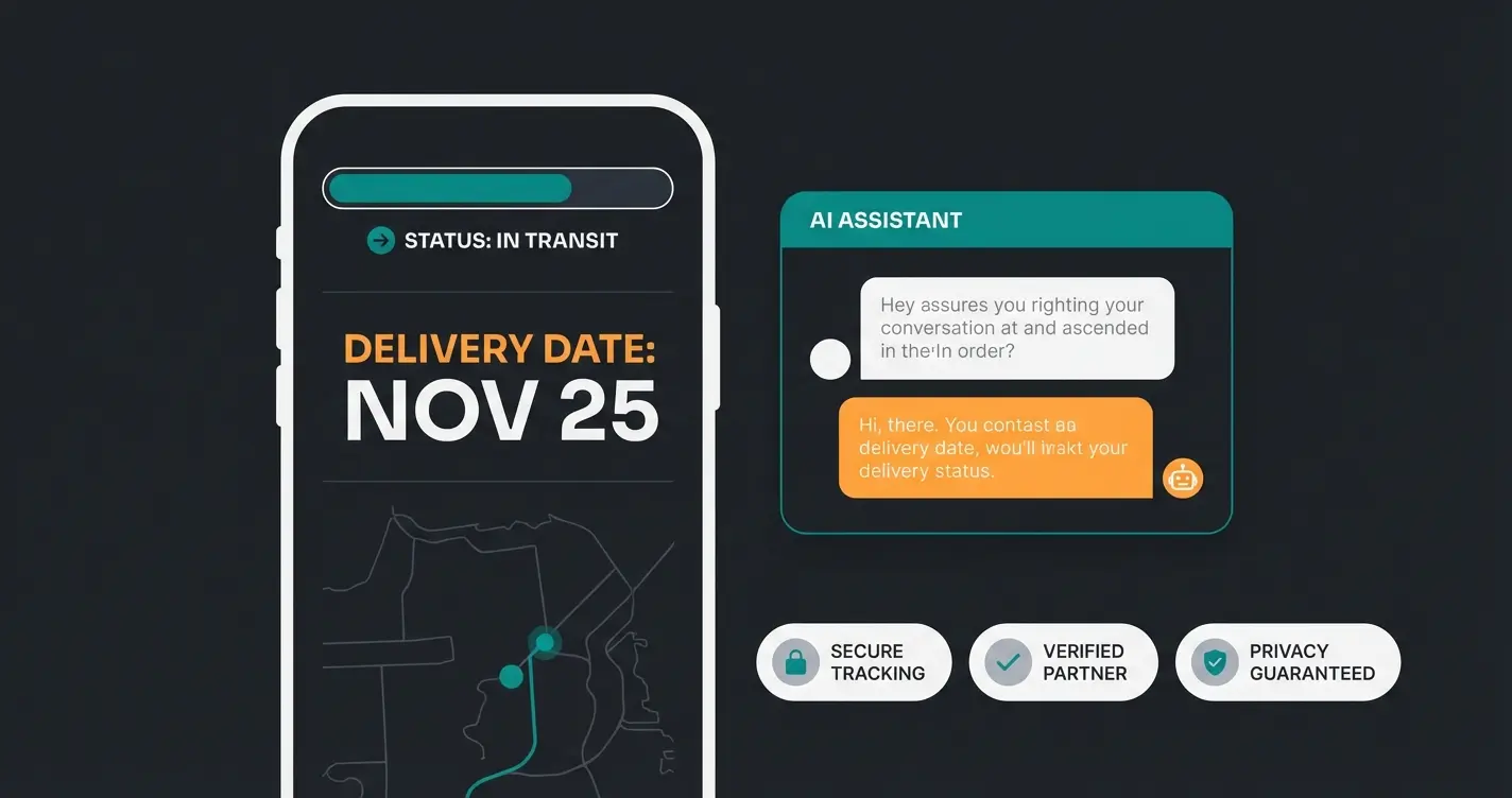 Perfect tracking page mockup showing branded design with AI chat widget and trust elements