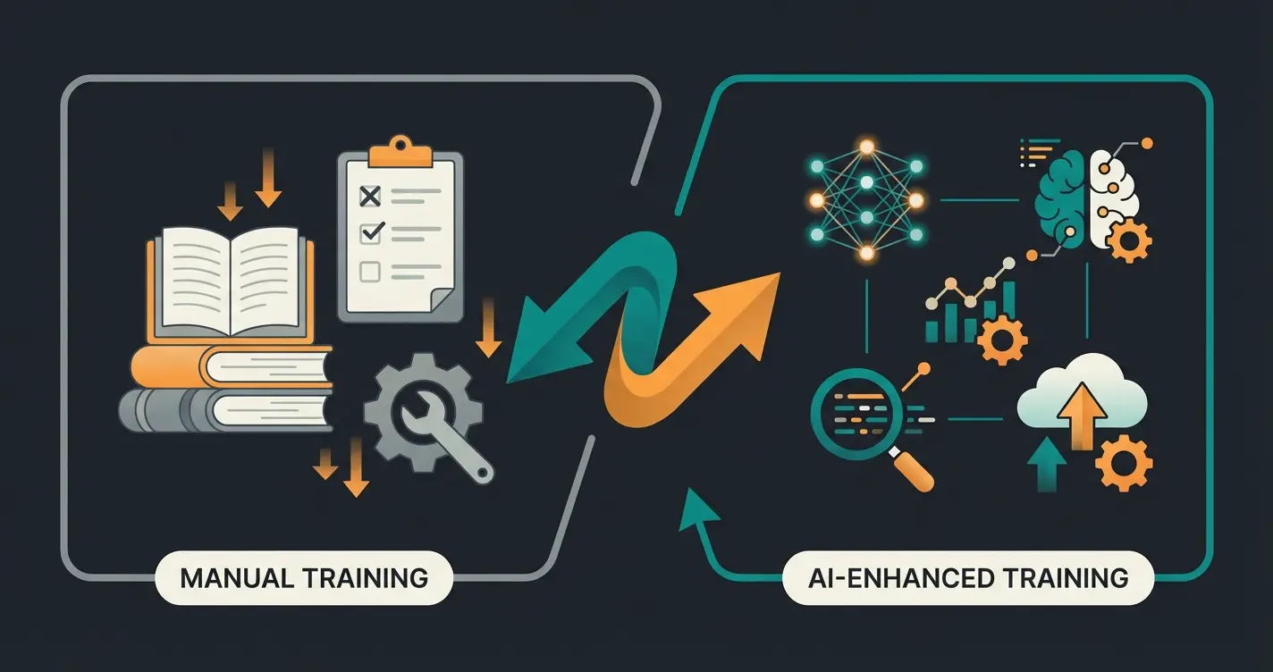 Modern e-commerce training concept showing traditional learning versus AI-augmented education paths