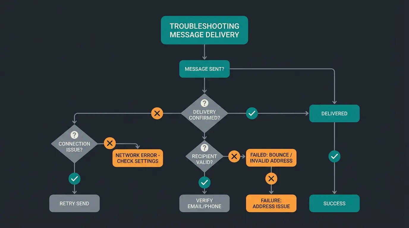 WhatsApp broadcast troubleshooting flowchart showing message delivery diagnosis