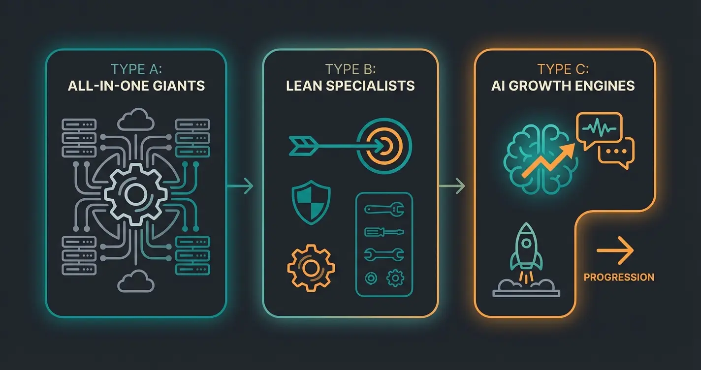 Visual comparison of three ERP market categories from administration to AI-powered growth
