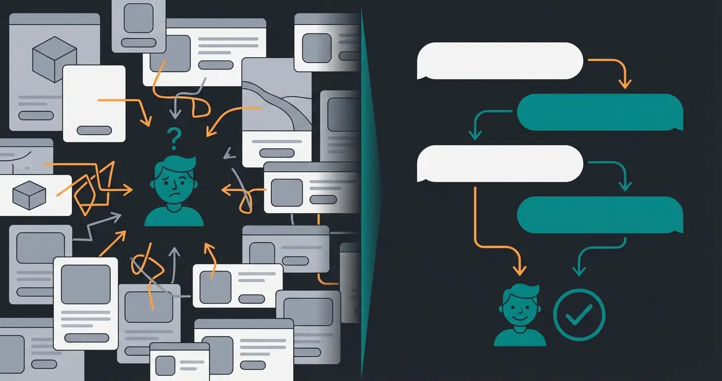 Frustrated user facing overwhelming product grid versus guided AI consultation experience